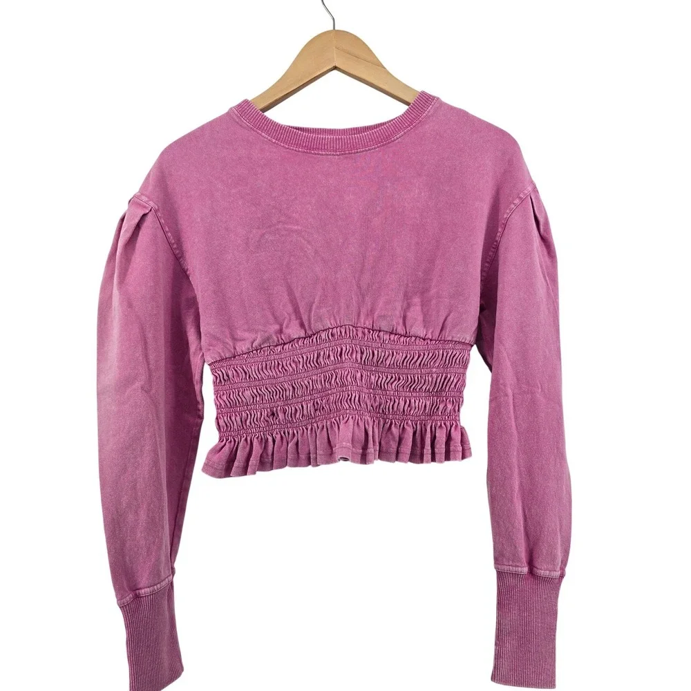 Free People Sweatshirt Womens XS Pink Smocked Ruffled Cropped Puff Sleeve Boho